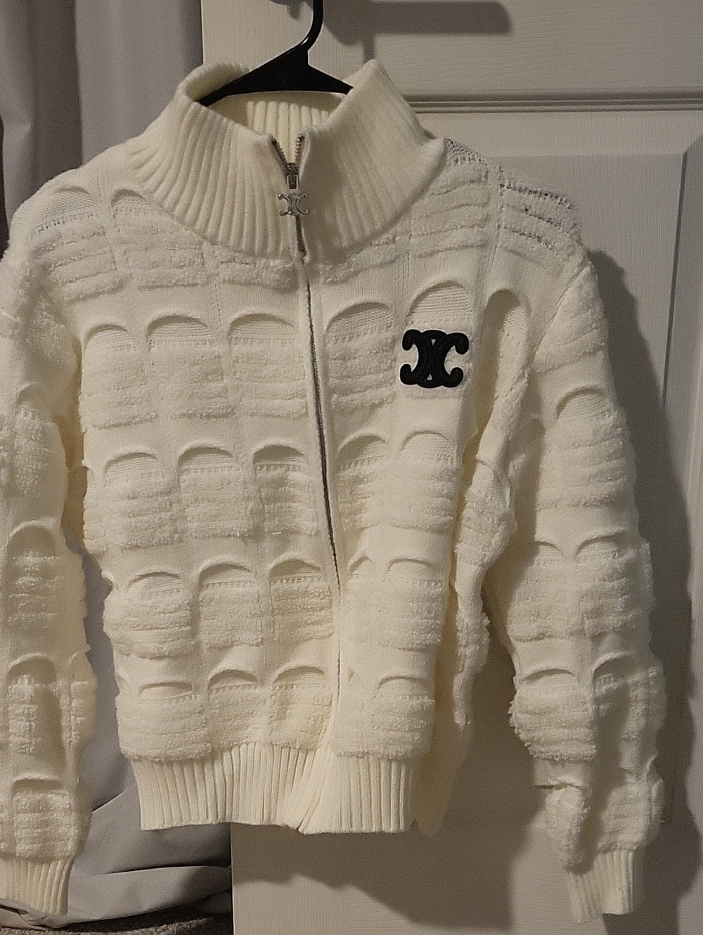 Celine Cream Textured Zip-Up Jacket with Black Logo